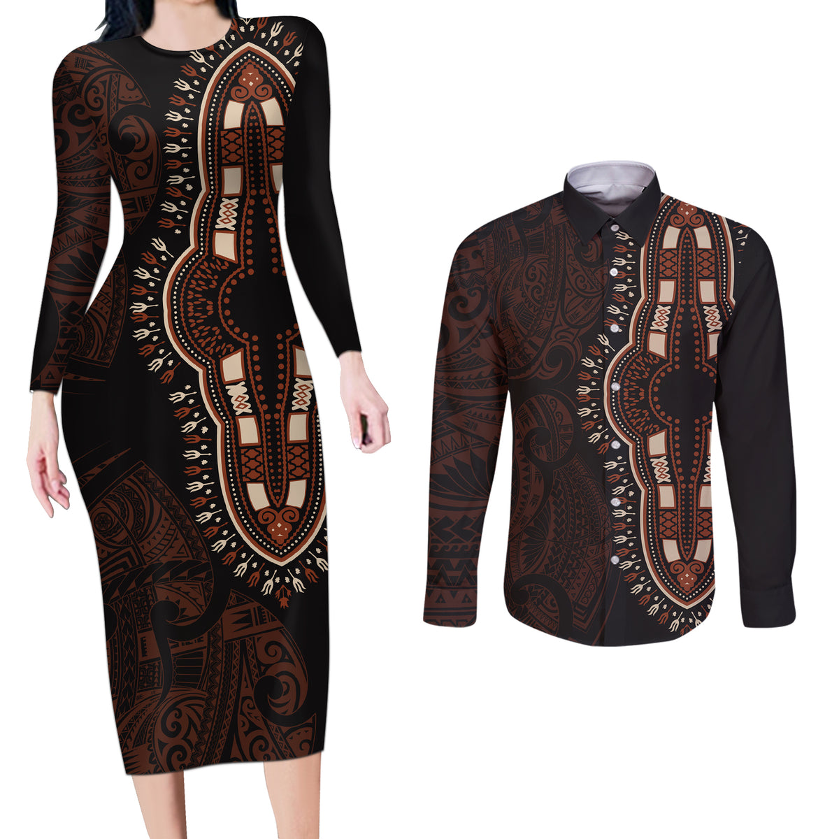 Africa Dashiki Couples Matching Long Sleeve Bodycon Dress and Long Sleeve Button Shirts African Tribal Art Mixed Polynesian Tattoo Red Color Unique LT9 - Wonder Print Shop