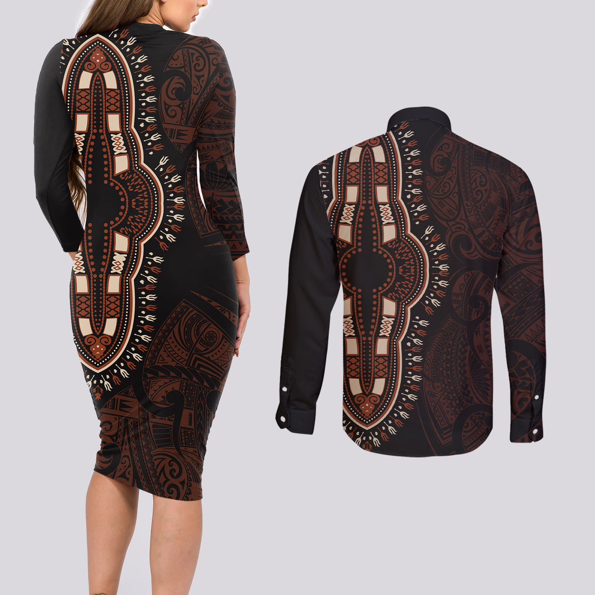 Africa Dashiki Couples Matching Long Sleeve Bodycon Dress and Long Sleeve Button Shirts African Tribal Art Mixed Polynesian Tattoo Red Color Unique LT9 - Wonder Print Shop