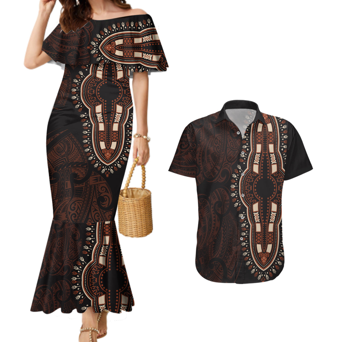 Africa Dashiki Couples Matching Mermaid Dress and Hawaiian Shirt African Tribal Art Mixed Polynesian Tattoo Red Color Unique LT9 - Wonder Print Shop