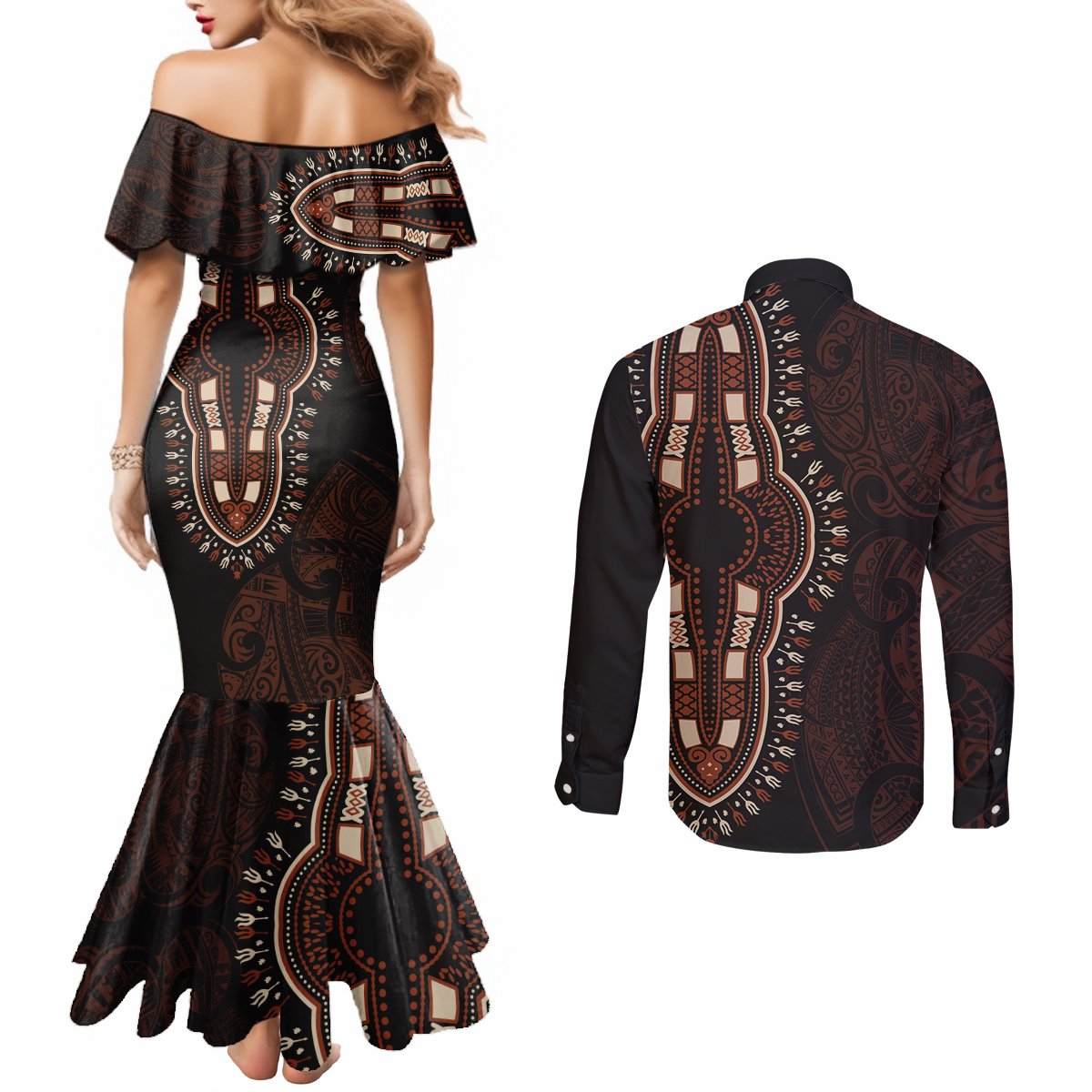 africa-dashiki-couples-matching-mermaid-dress-and-long-sleeve-button-shirts-african-tribal-art-mixed-polynesian-tattoo-red-color-unique