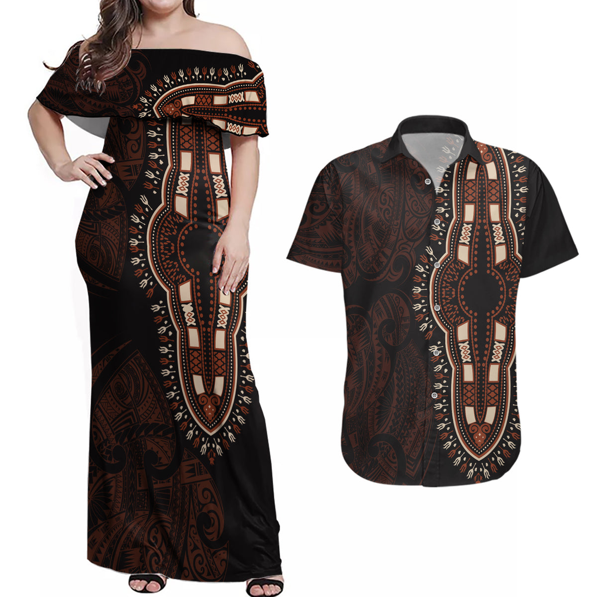 Africa Dashiki Couples Matching Off Shoulder Maxi Dress and Hawaiian Shirt African Tribal Art Mixed Polynesian Tattoo Red Color Unique LT9 - Wonder Print Shop