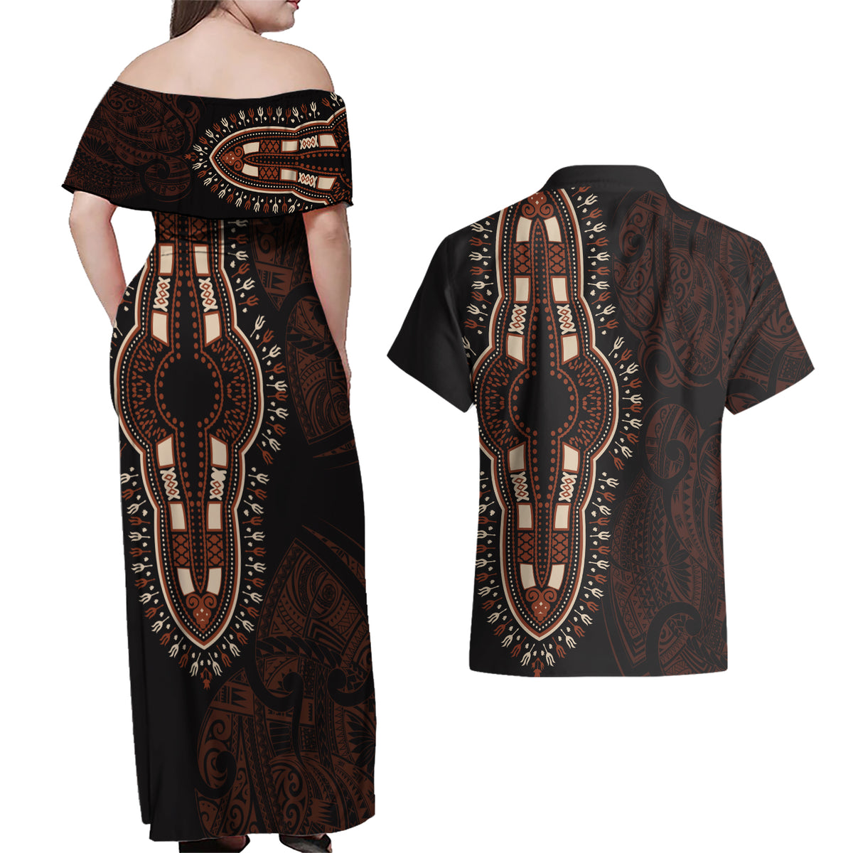 Africa Dashiki Couples Matching Off Shoulder Maxi Dress and Hawaiian Shirt African Tribal Art Mixed Polynesian Tattoo Red Color Unique LT9 - Wonder Print Shop