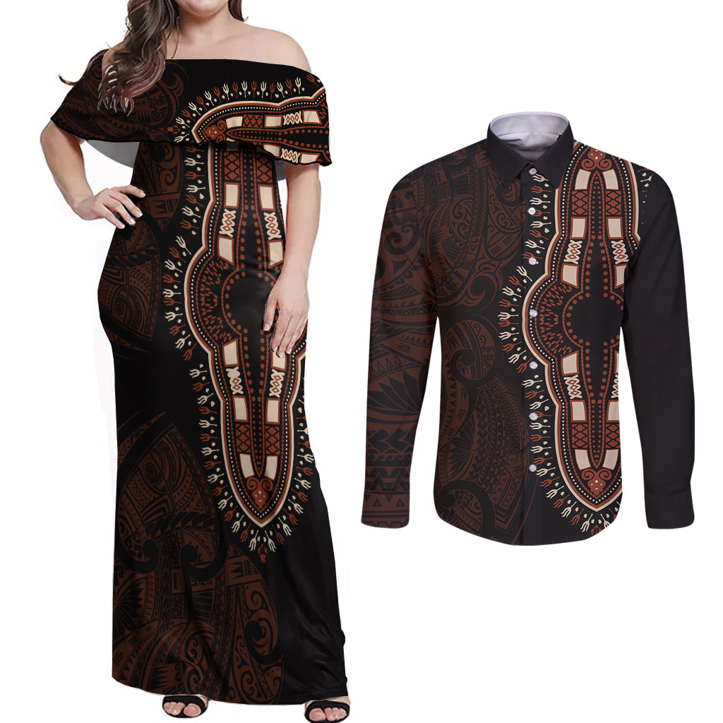 Africa Dashiki Couples Matching Off Shoulder Maxi Dress and Long Sleeve Button Shirts African Tribal Art Mixed Polynesian Tattoo Red Color Unique LT9 - Wonder Print Shop