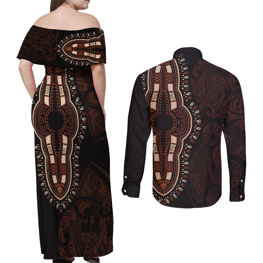 Africa Dashiki Couples Matching Off Shoulder Maxi Dress and Long Sleeve Button Shirts African Tribal Art Mixed Polynesian Tattoo Red Color Unique LT9 - Wonder Print Shop