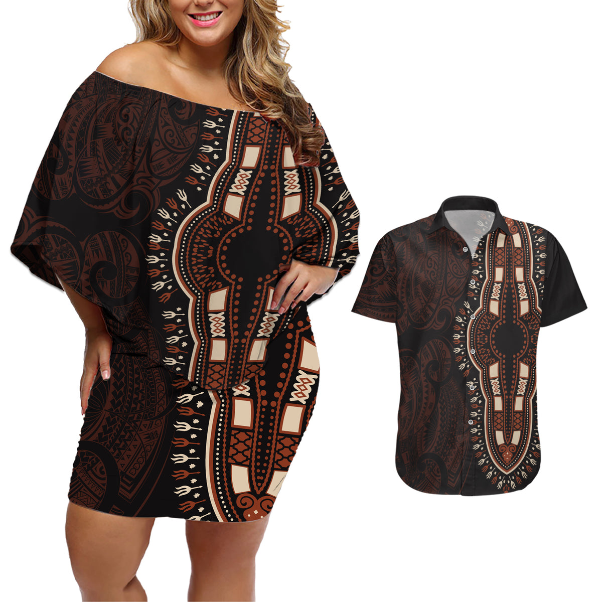 Africa Dashiki Couples Matching Off Shoulder Short Dress and Hawaiian Shirt African Tribal Art Mixed Polynesian Tattoo Red Color Unique LT9 - Wonder Print Shop