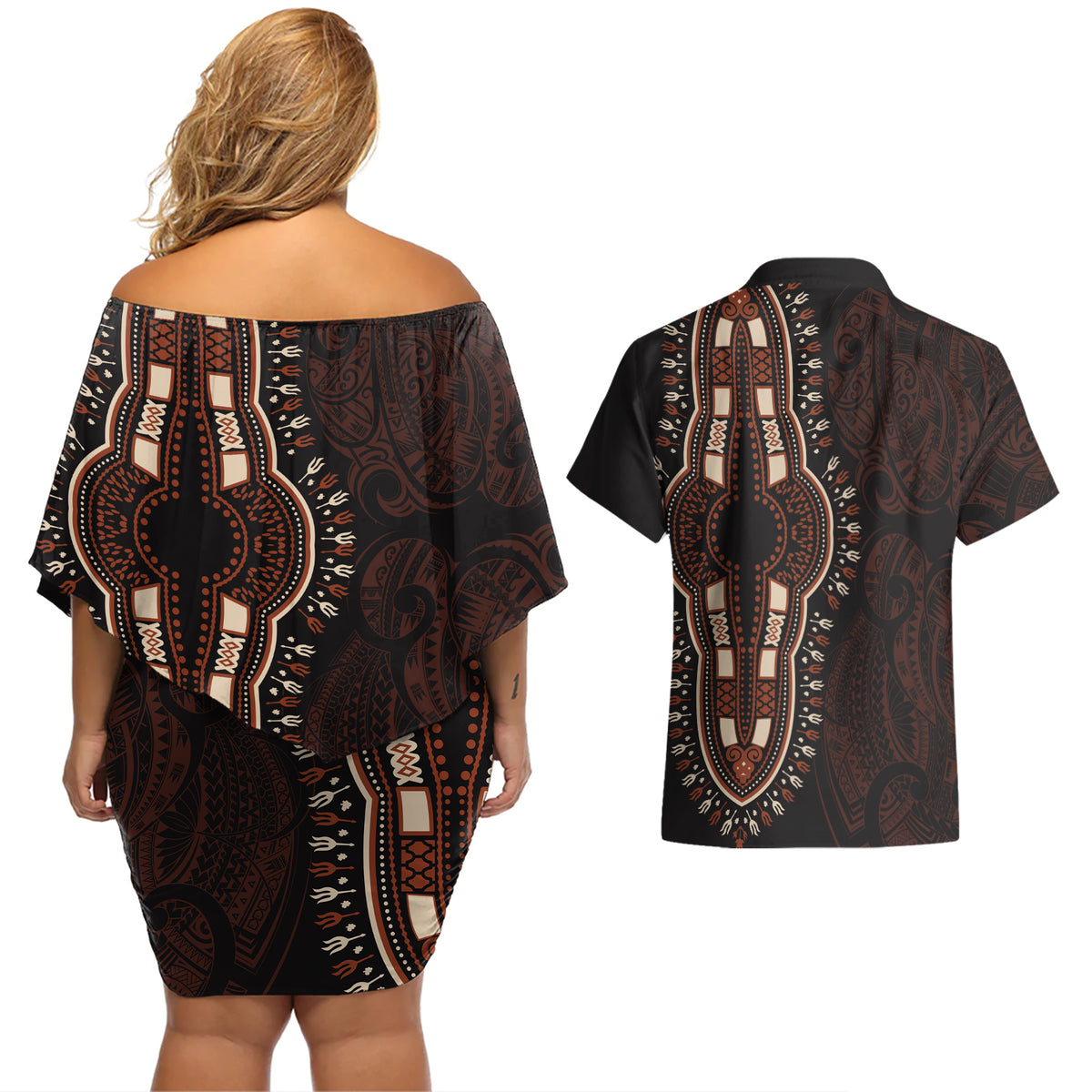 Africa Dashiki Couples Matching Off Shoulder Short Dress and Hawaiian Shirt African Tribal Art Mixed Polynesian Tattoo Red Color Unique LT9 - Wonder Print Shop