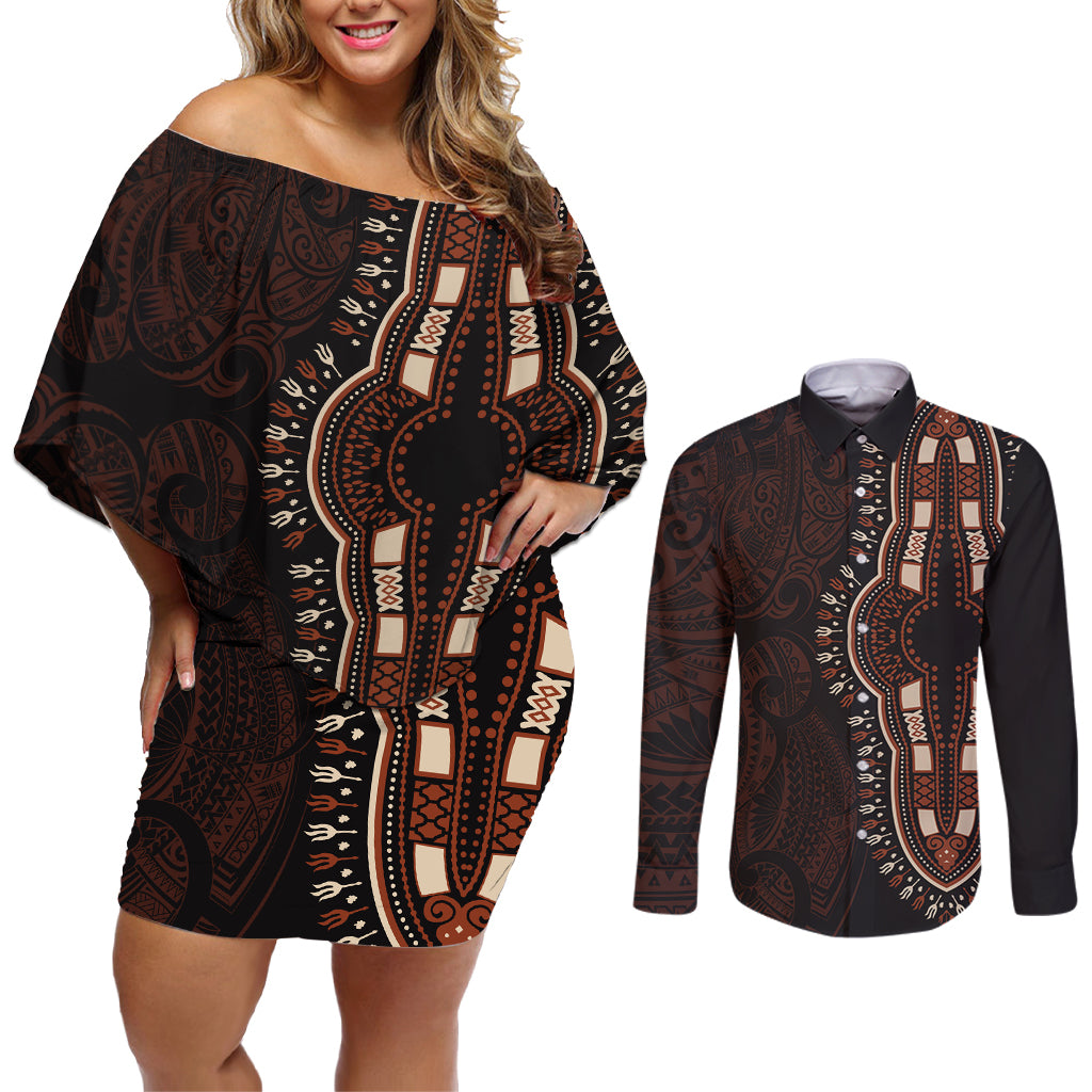 Africa Dashiki Couples Matching Off Shoulder Short Dress and Long Sleeve Button Shirts African Tribal Art Mixed Polynesian Tattoo Red Color Unique LT9 - Wonder Print Shop