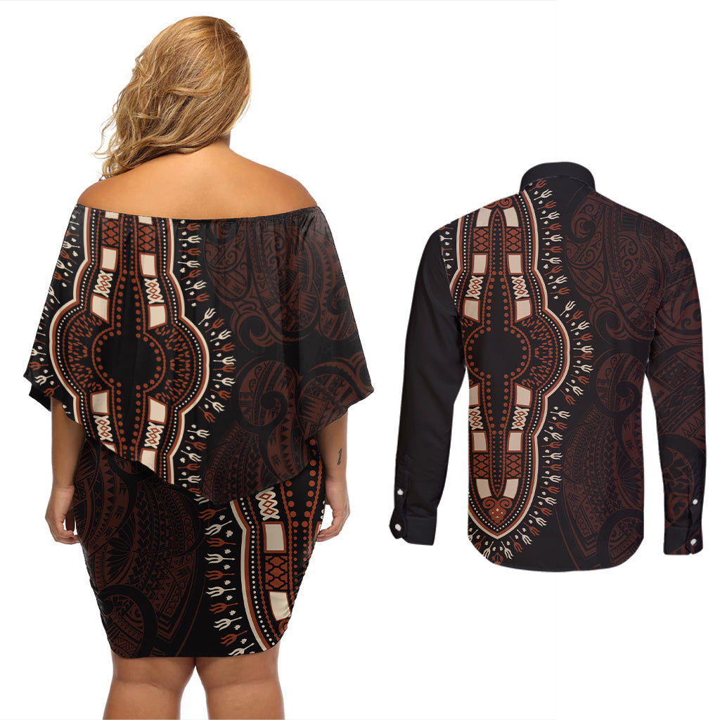 Africa Dashiki Couples Matching Off Shoulder Short Dress and Long Sleeve Button Shirts African Tribal Art Mixed Polynesian Tattoo Red Color Unique LT9 - Wonder Print Shop