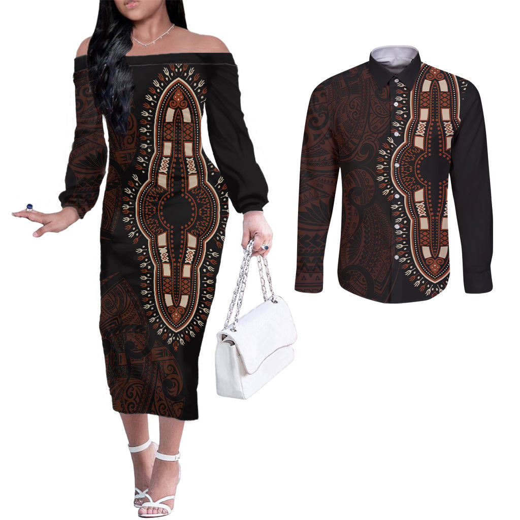africa-dashiki-couples-matching-off-the-shoulder-long-sleeve-dress-and-long-sleeve-button-shirts-african-tribal-art-mixed-polynesian-tattoo-red-color-unique