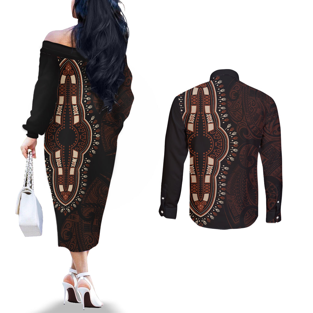 africa-dashiki-couples-matching-off-the-shoulder-long-sleeve-dress-and-long-sleeve-button-shirts-african-tribal-art-mixed-polynesian-tattoo-red-color-unique