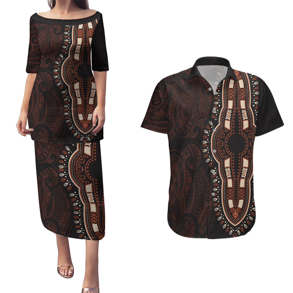 Africa Dashiki Couples Matching Puletasi Dress and Hawaiian Shirt African Tribal Art Mixed Polynesian Tattoo Red Color Unique LT9 - Wonder Print Shop