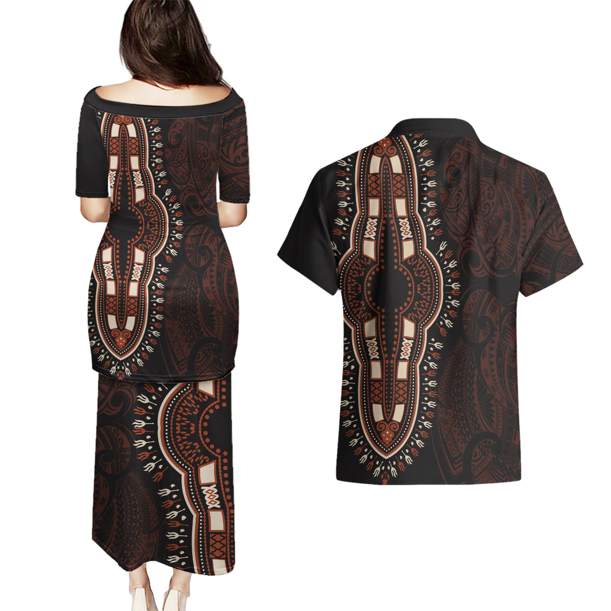 Africa Dashiki Couples Matching Puletasi Dress and Hawaiian Shirt African Tribal Art Mixed Polynesian Tattoo Red Color Unique LT9 - Wonder Print Shop