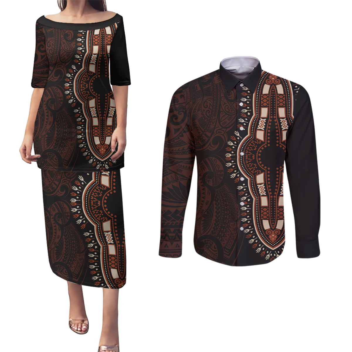 Africa Dashiki Couples Matching Puletasi Dress and Long Sleeve Button Shirts African Tribal Art Mixed Polynesian Tattoo Red Color Unique LT9 - Wonder Print Shop