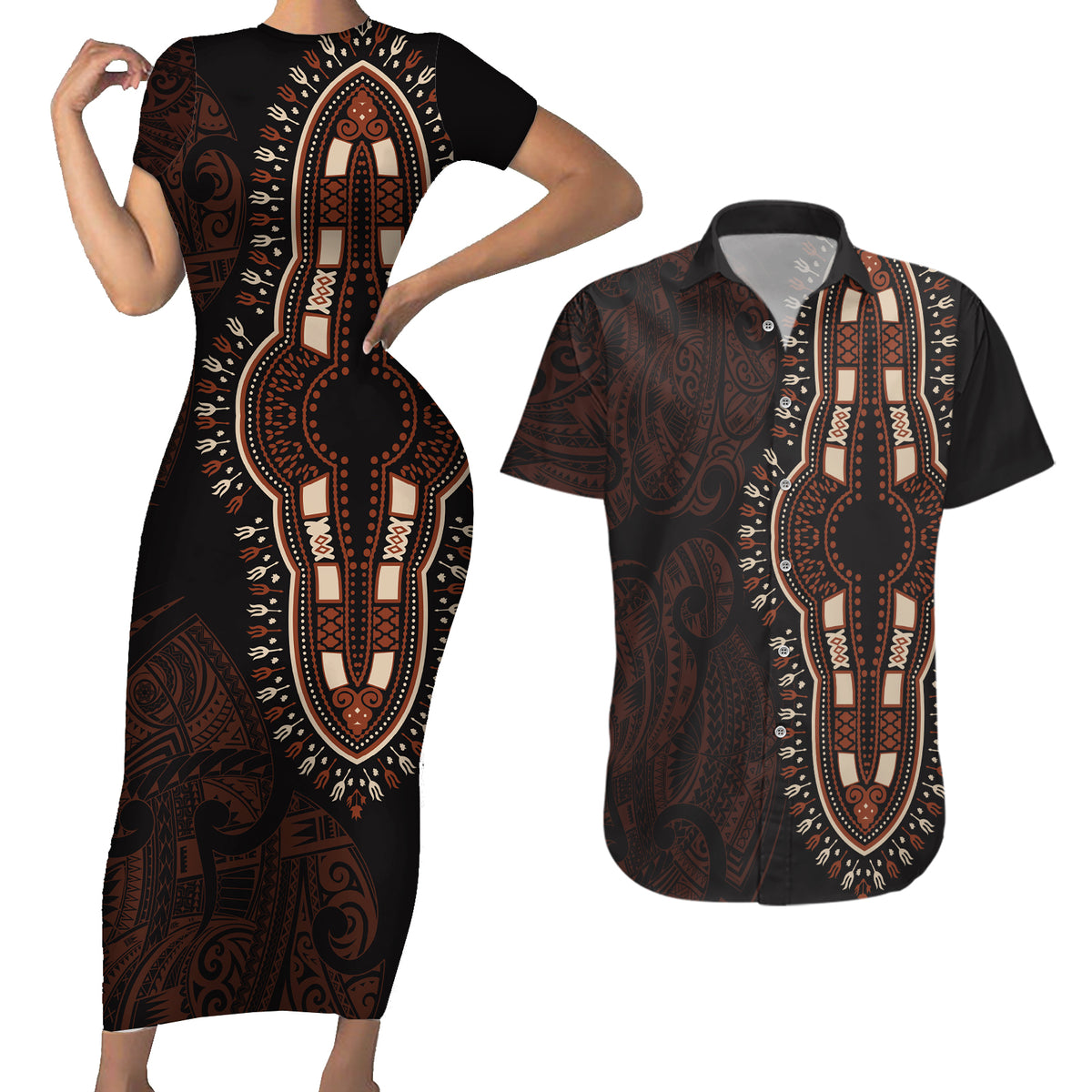 Africa Dashiki Couples Matching Short Sleeve Bodycon Dress and Hawaiian Shirt African Tribal Art Mixed Polynesian Tattoo Red Color Unique LT9 - Wonder Print Shop