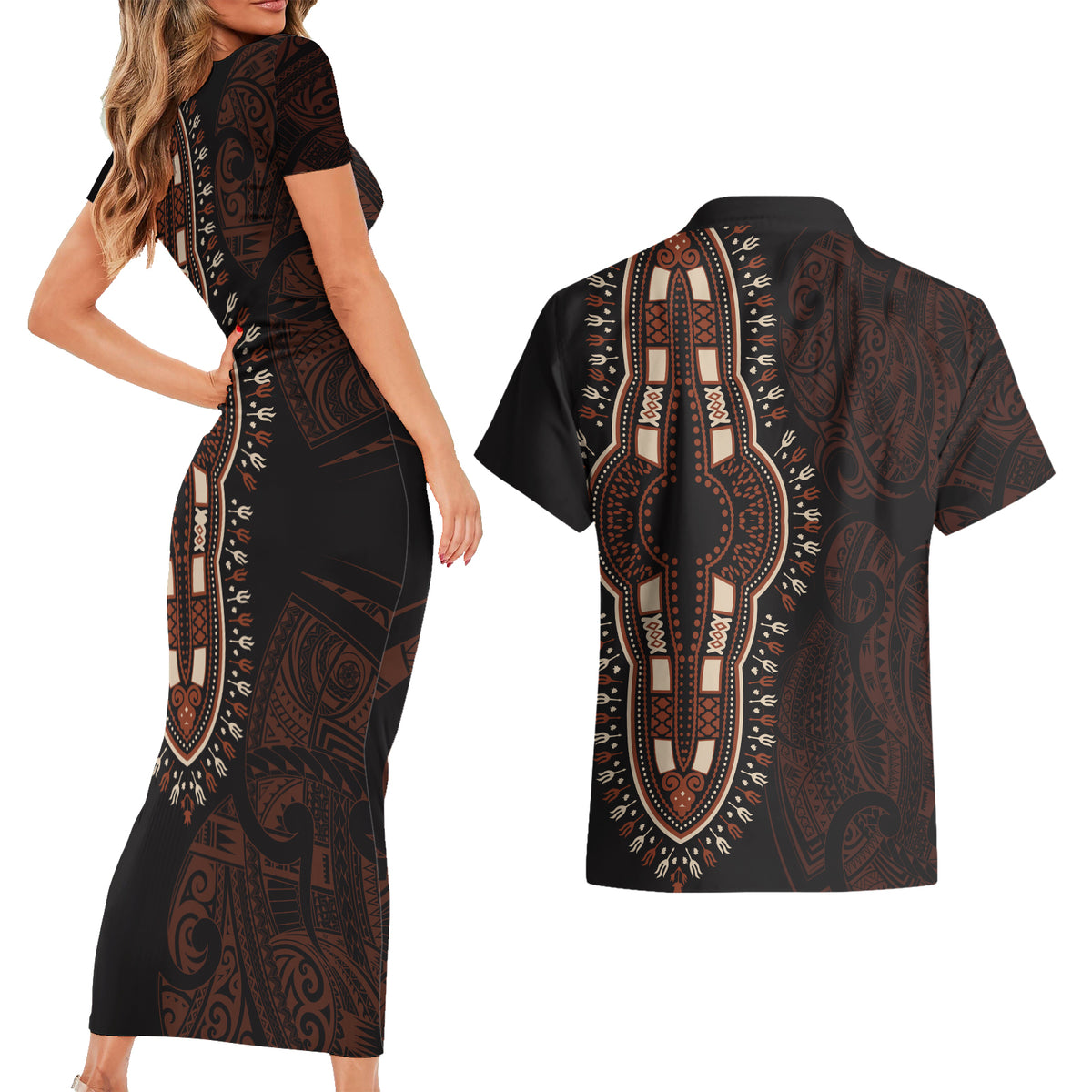 Africa Dashiki Couples Matching Short Sleeve Bodycon Dress and Hawaiian Shirt African Tribal Art Mixed Polynesian Tattoo Red Color Unique LT9 - Wonder Print Shop