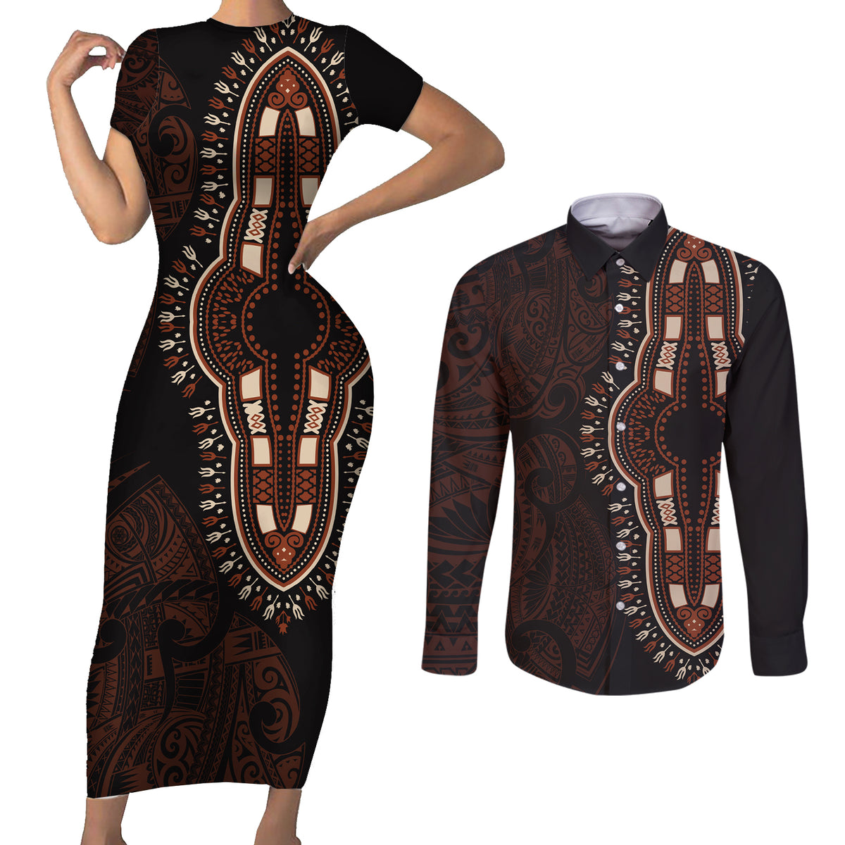 Africa Dashiki Couples Matching Short Sleeve Bodycon Dress and Long Sleeve Button Shirts African Tribal Art Mixed Polynesian Tattoo Red Color Unique LT9 - Wonder Print Shop