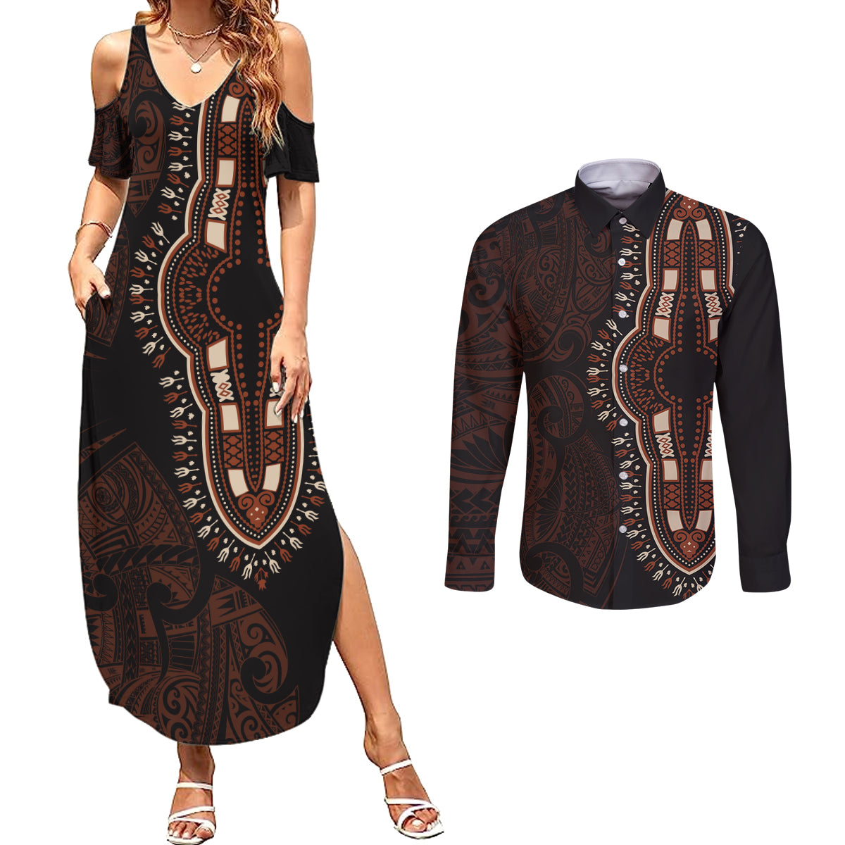 Africa Dashiki Couples Matching Summer Maxi Dress and Long Sleeve Button Shirts African Tribal Art Mixed Polynesian Tattoo Red Color Unique LT9 - Wonder Print Shop