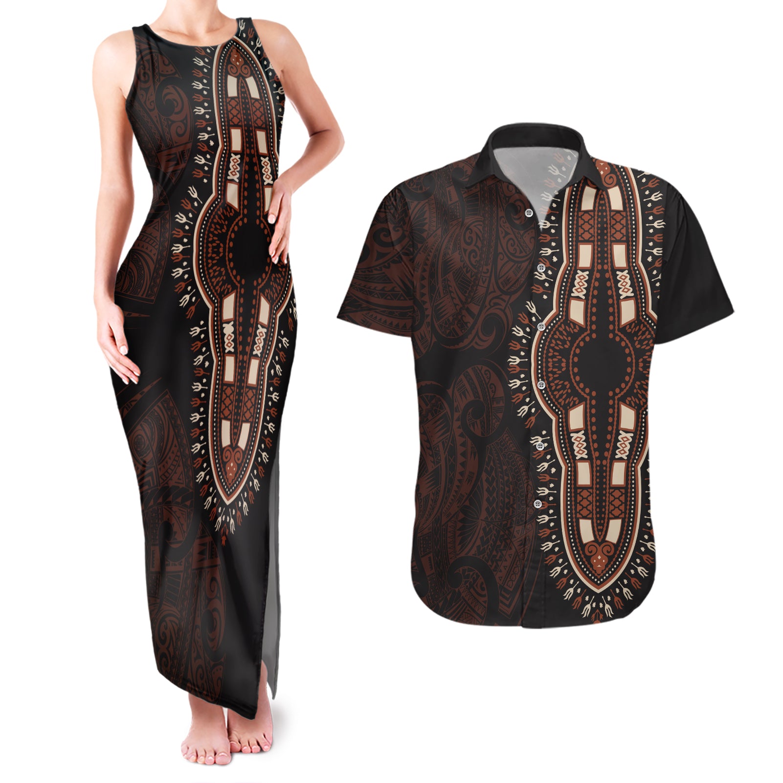 Africa Dashiki Couples Matching Tank Maxi Dress and Hawaiian Shirt African Tribal Art Mixed Polynesian Tattoo Red Color Unique LT9 - Wonder Print Shop