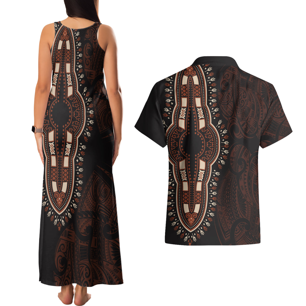 Africa Dashiki Couples Matching Tank Maxi Dress and Hawaiian Shirt African Tribal Art Mixed Polynesian Tattoo Red Color Unique LT9 - Wonder Print Shop