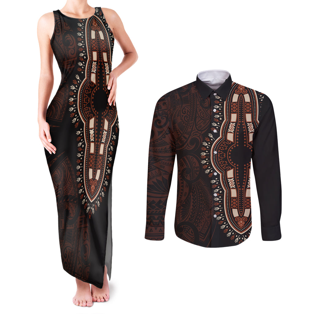 Africa Dashiki Couples Matching Tank Maxi Dress and Long Sleeve Button Shirts African Tribal Art Mixed Polynesian Tattoo Red Color Unique LT9 - Wonder Print Shop