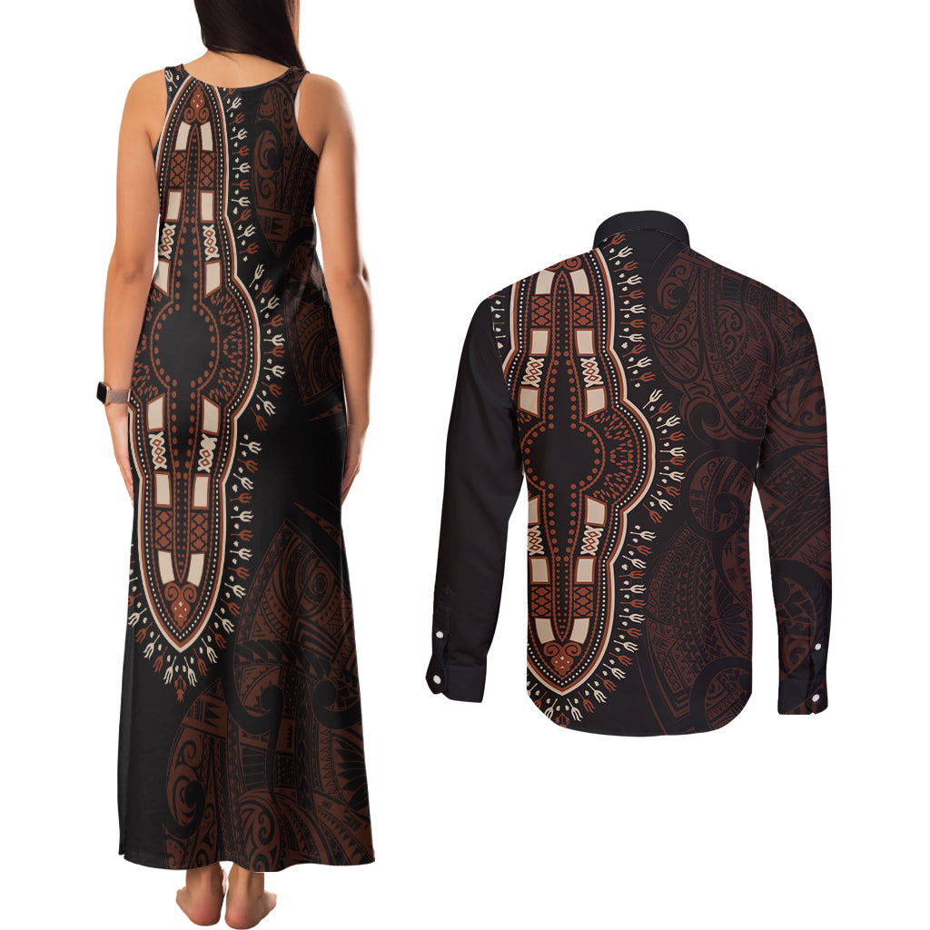 Africa Dashiki Couples Matching Tank Maxi Dress and Long Sleeve Button Shirts African Tribal Art Mixed Polynesian Tattoo Red Color Unique LT9 - Wonder Print Shop