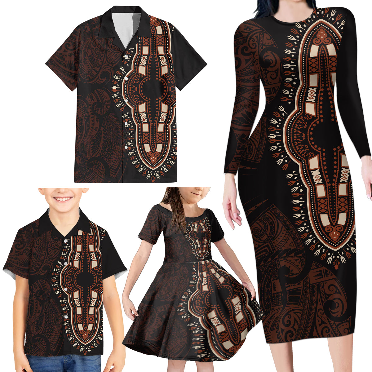 Africa Dashiki Family Matching Long Sleeve Bodycon Dress and Hawaiian Shirt African Tribal Art Mixed Polynesian Tattoo Red Color Unique LT9 - Wonder Print Shop