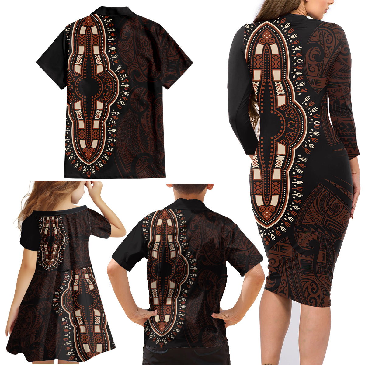 Africa Dashiki Family Matching Long Sleeve Bodycon Dress and Hawaiian Shirt African Tribal Art Mixed Polynesian Tattoo Red Color Unique LT9 - Wonder Print Shop