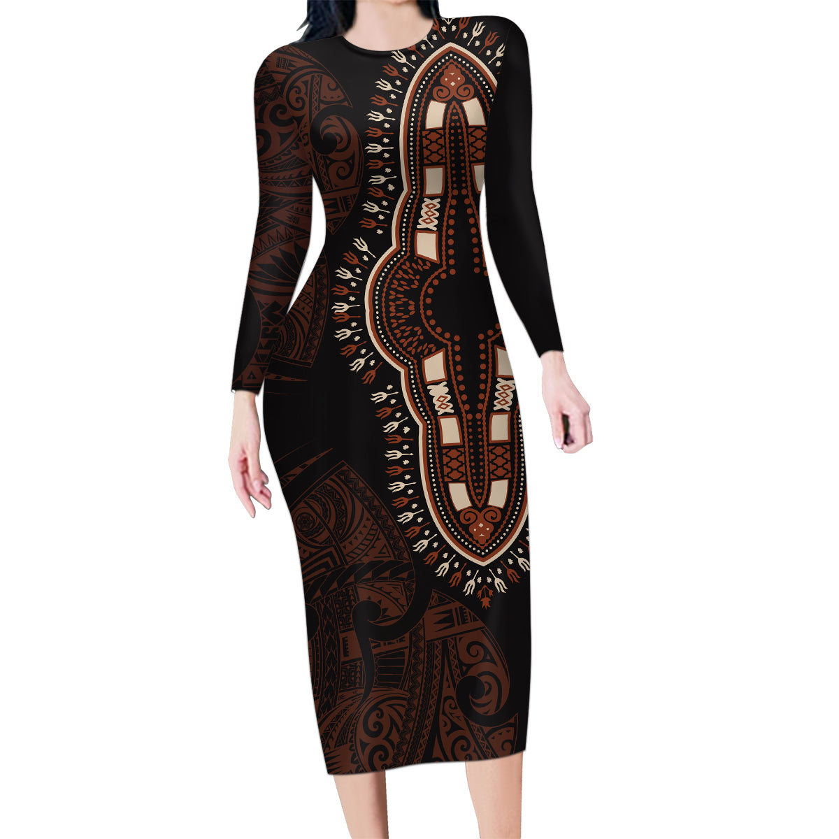 Africa Dashiki Family Matching Long Sleeve Bodycon Dress and Hawaiian Shirt African Tribal Art Mixed Polynesian Tattoo Red Color Unique LT9 - Wonder Print Shop