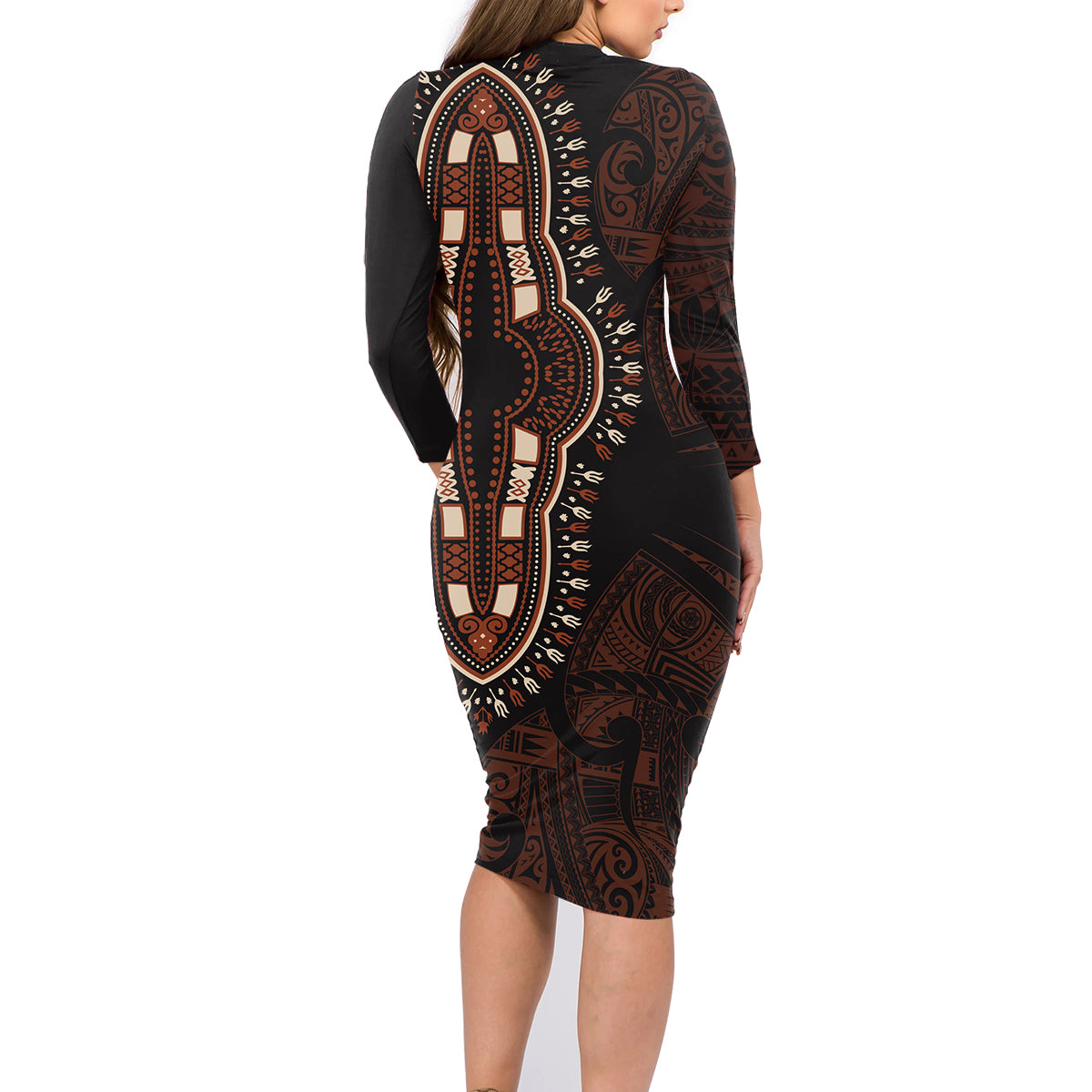Africa Dashiki Family Matching Long Sleeve Bodycon Dress and Hawaiian Shirt African Tribal Art Mixed Polynesian Tattoo Red Color Unique LT9 - Wonder Print Shop