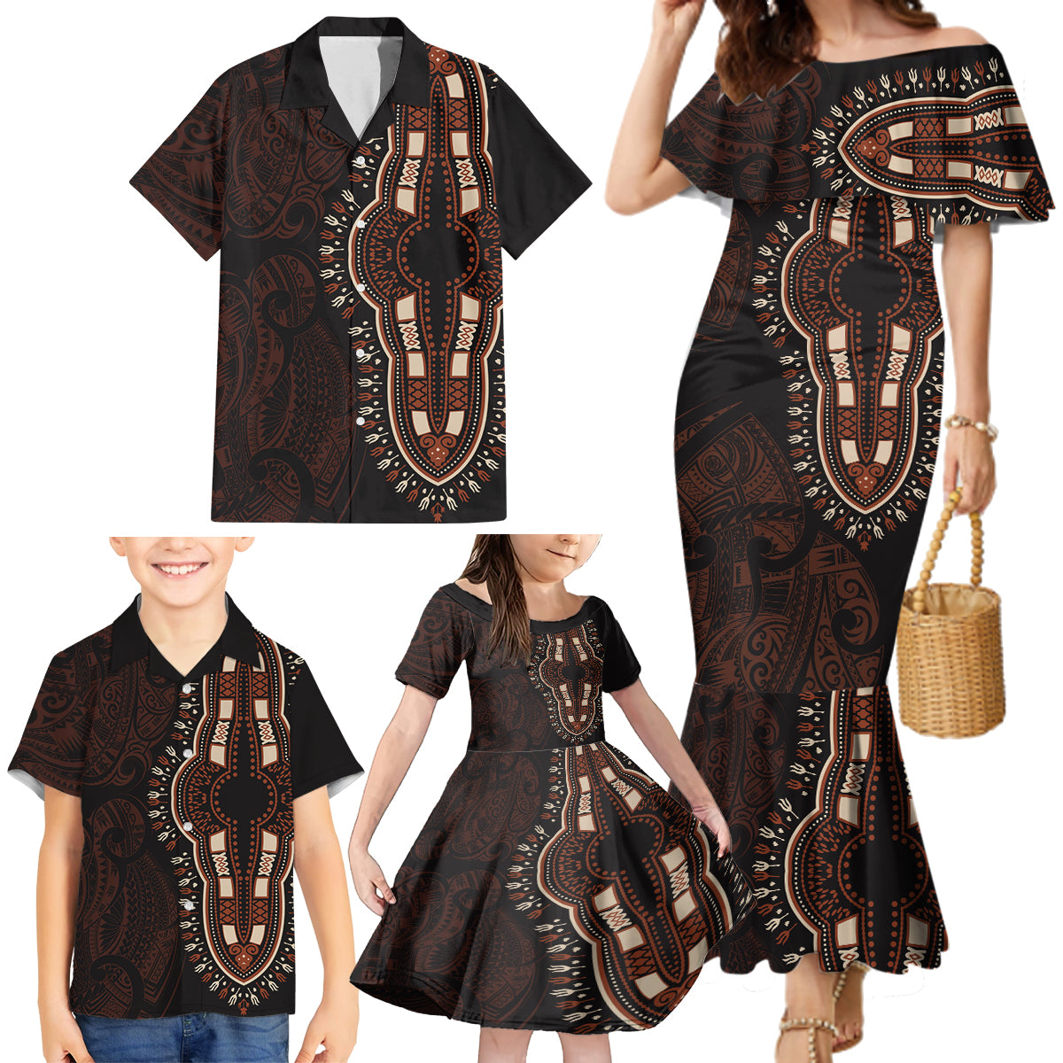 Africa Dashiki Family Matching Mermaid Dress and Hawaiian Shirt African Tribal Art Mixed Polynesian Tattoo Red Color Unique LT9 - Wonder Print Shop