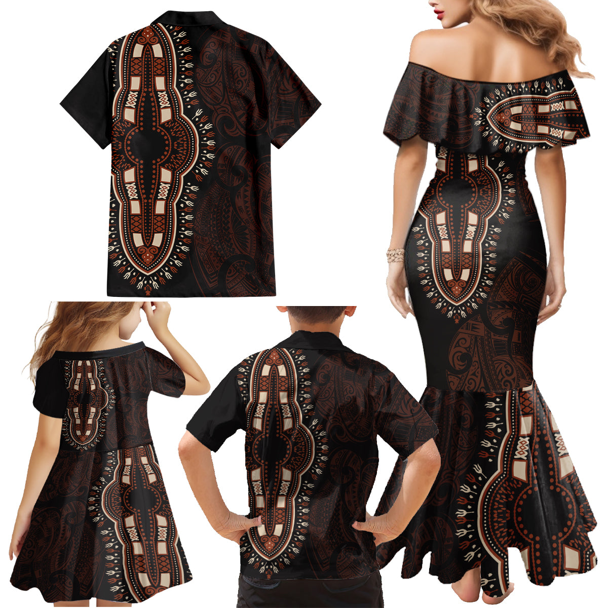 Africa Dashiki Family Matching Mermaid Dress and Hawaiian Shirt African Tribal Art Mixed Polynesian Tattoo Red Color Unique LT9 - Wonder Print Shop