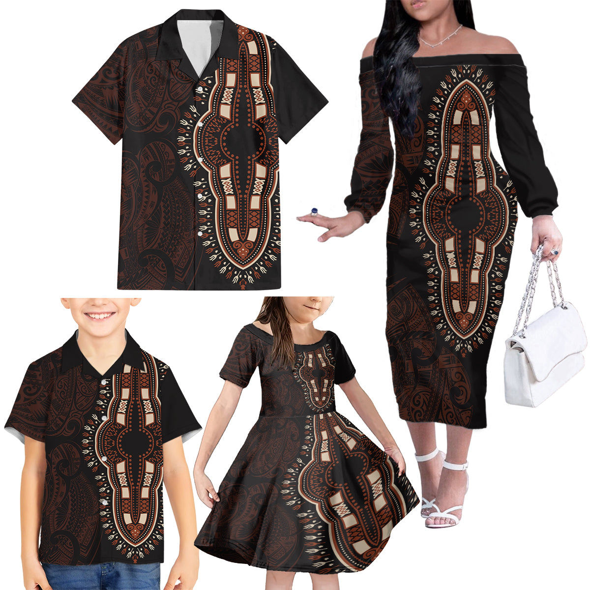 Africa Dashiki Family Matching Off Shoulder Long Sleeve Dress and Hawaiian Shirt African Tribal Art Mixed Polynesian Tattoo Red Color Unique - Wonder Print Shop