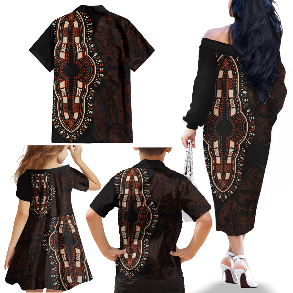 Africa Dashiki Family Matching Off Shoulder Long Sleeve Dress and Hawaiian Shirt African Tribal Art Mixed Polynesian Tattoo Red Color Unique - Wonder Print Shop