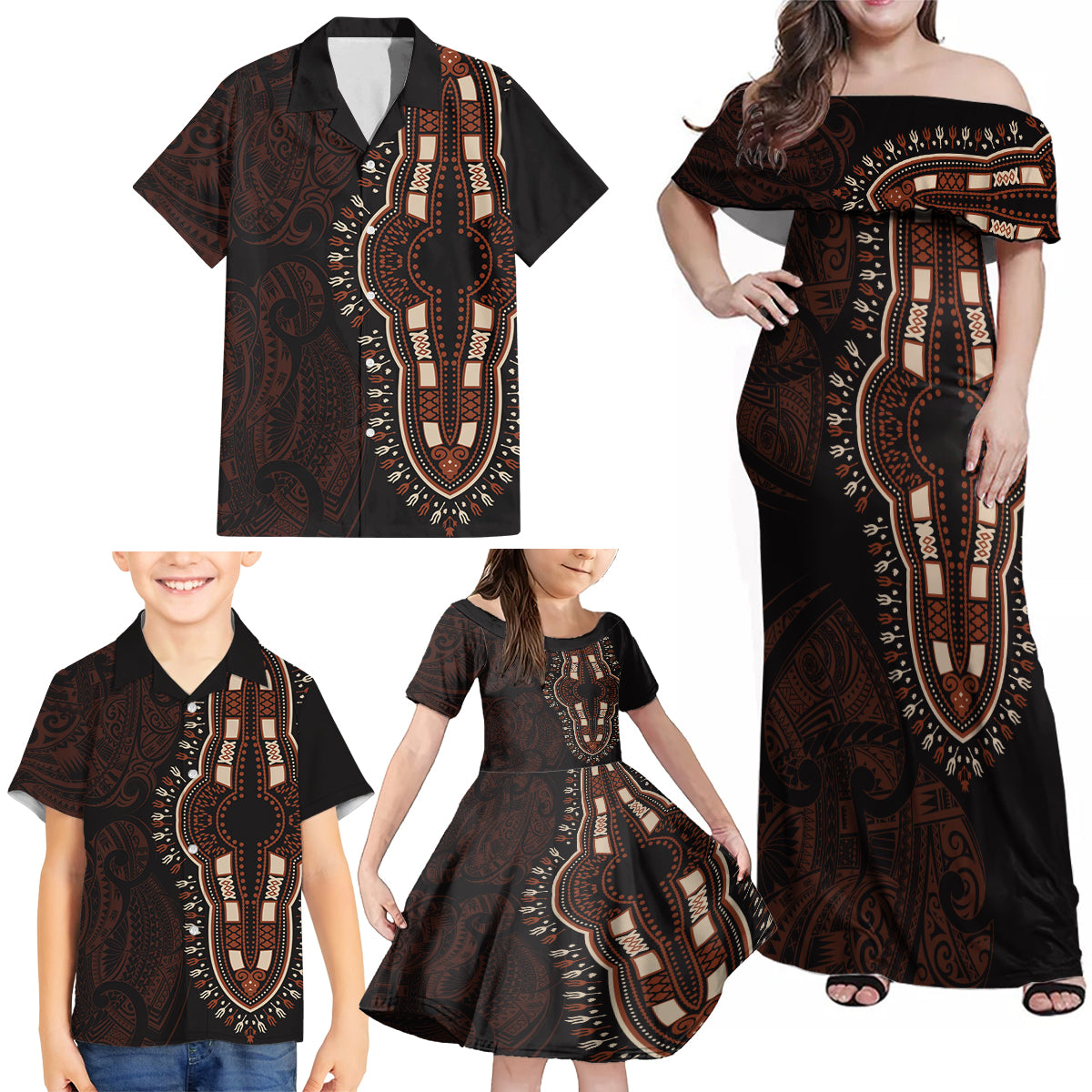 Africa Dashiki Family Matching Off Shoulder Maxi Dress and Hawaiian Shirt African Tribal Art Mixed Polynesian Tattoo Red Color Unique LT9 - Wonder Print Shop