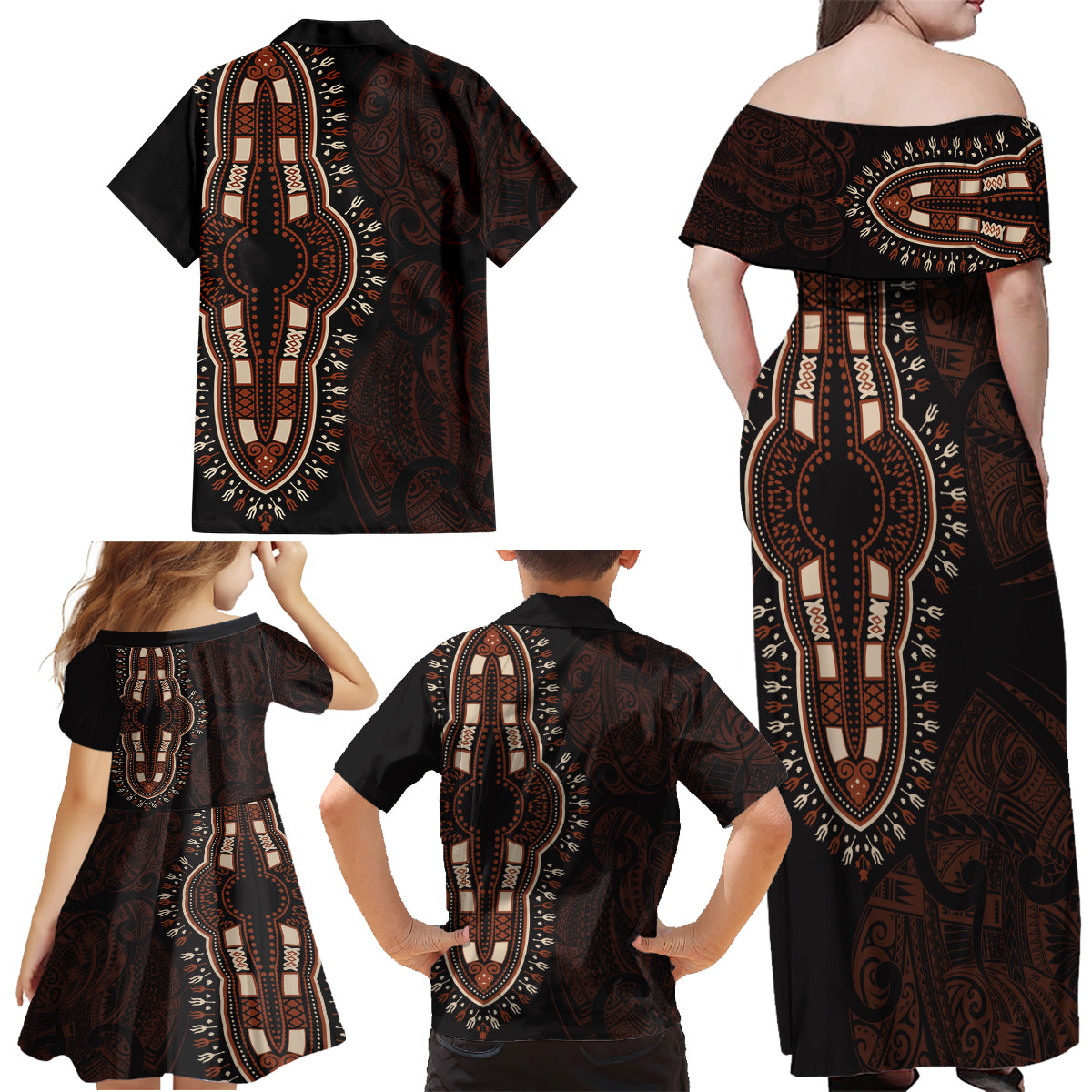 Africa Dashiki Family Matching Off Shoulder Maxi Dress and Hawaiian Shirt African Tribal Art Mixed Polynesian Tattoo Red Color Unique LT9 - Wonder Print Shop