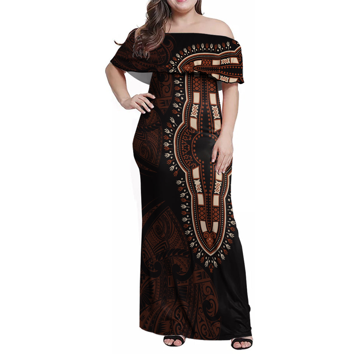 Africa Dashiki Family Matching Off Shoulder Maxi Dress and Hawaiian Shirt African Tribal Art Mixed Polynesian Tattoo Red Color Unique LT9 - Wonder Print Shop