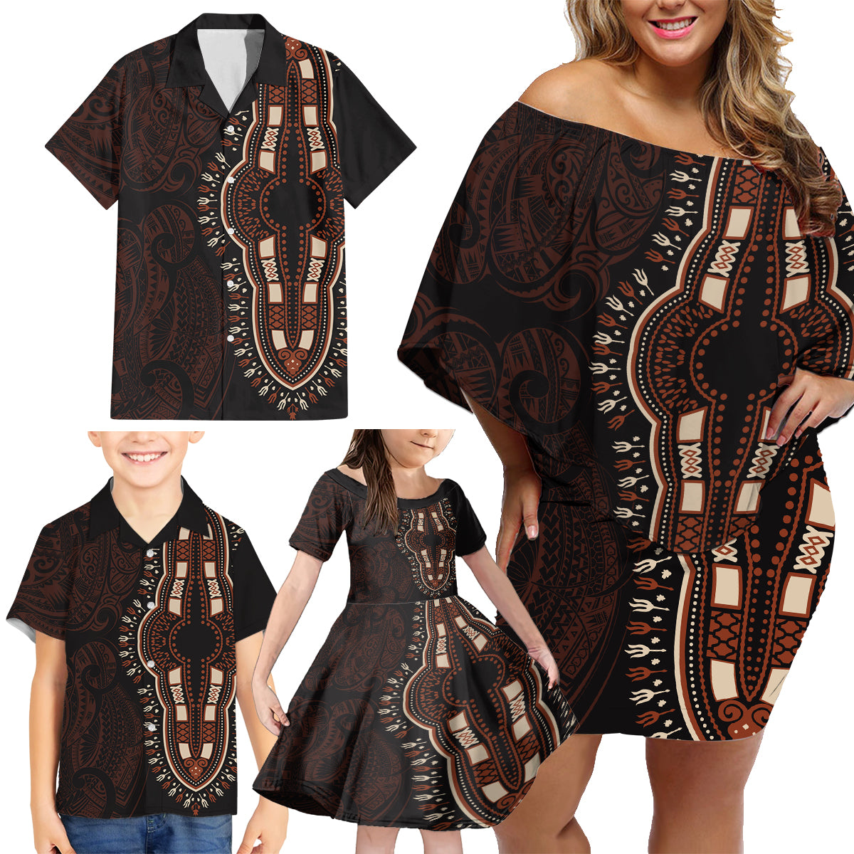 Africa Dashiki Family Matching Off Shoulder Short Dress and Hawaiian Shirt African Tribal Art Mixed Polynesian Tattoo Red Color Unique LT9 - Wonder Print Shop