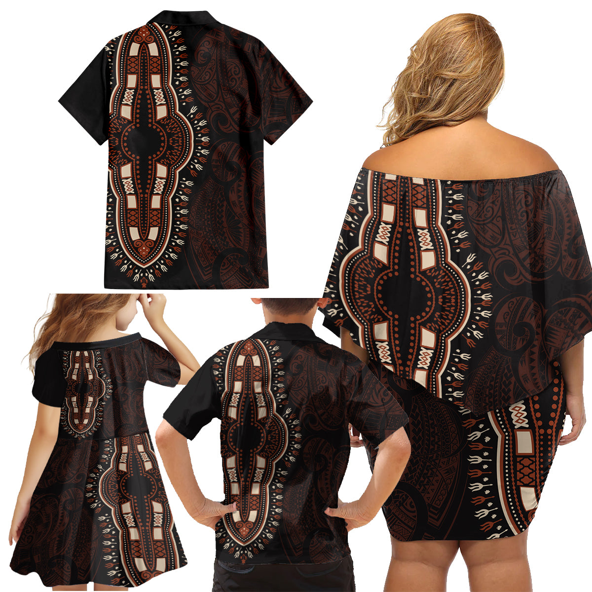 Africa Dashiki Family Matching Off Shoulder Short Dress and Hawaiian Shirt African Tribal Art Mixed Polynesian Tattoo Red Color Unique LT9 - Wonder Print Shop