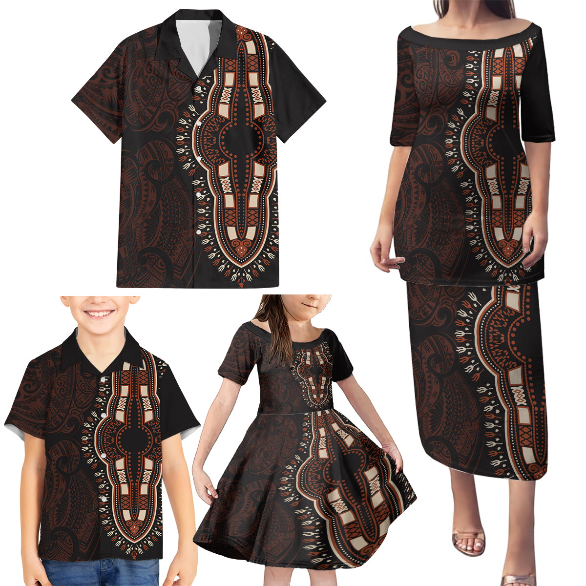 Africa Dashiki Family Matching Puletasi Dress and Hawaiian Shirt African Tribal Art Mixed Polynesian Tattoo Red Color Unique - Wonder Print Shop
