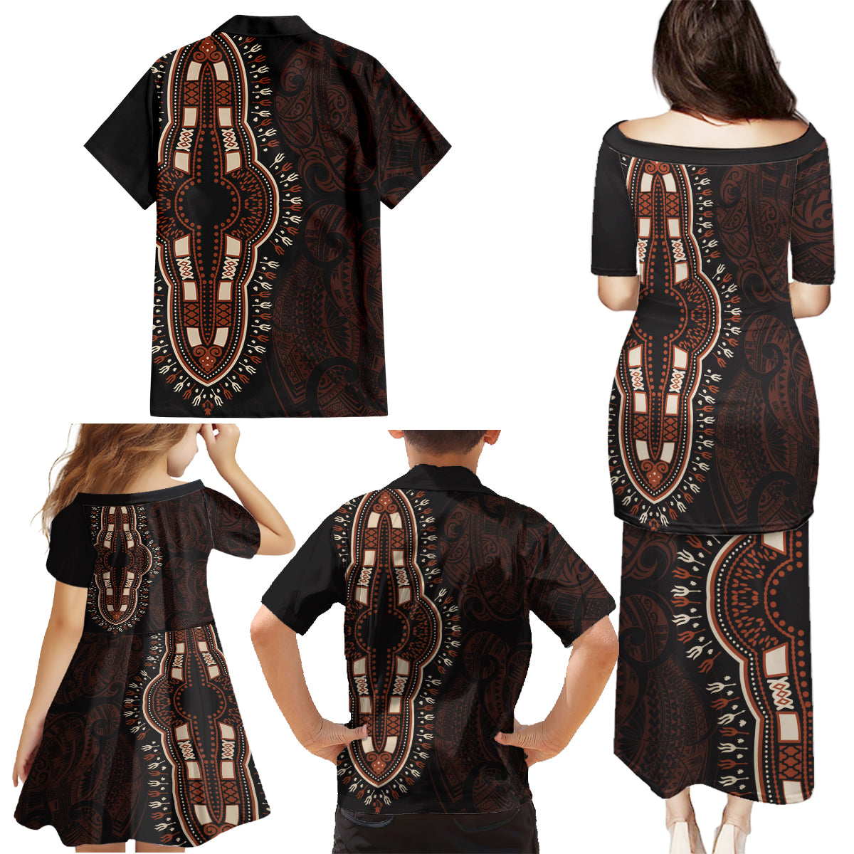 Africa Dashiki Family Matching Puletasi Dress and Hawaiian Shirt African Tribal Art Mixed Polynesian Tattoo Red Color Unique - Wonder Print Shop