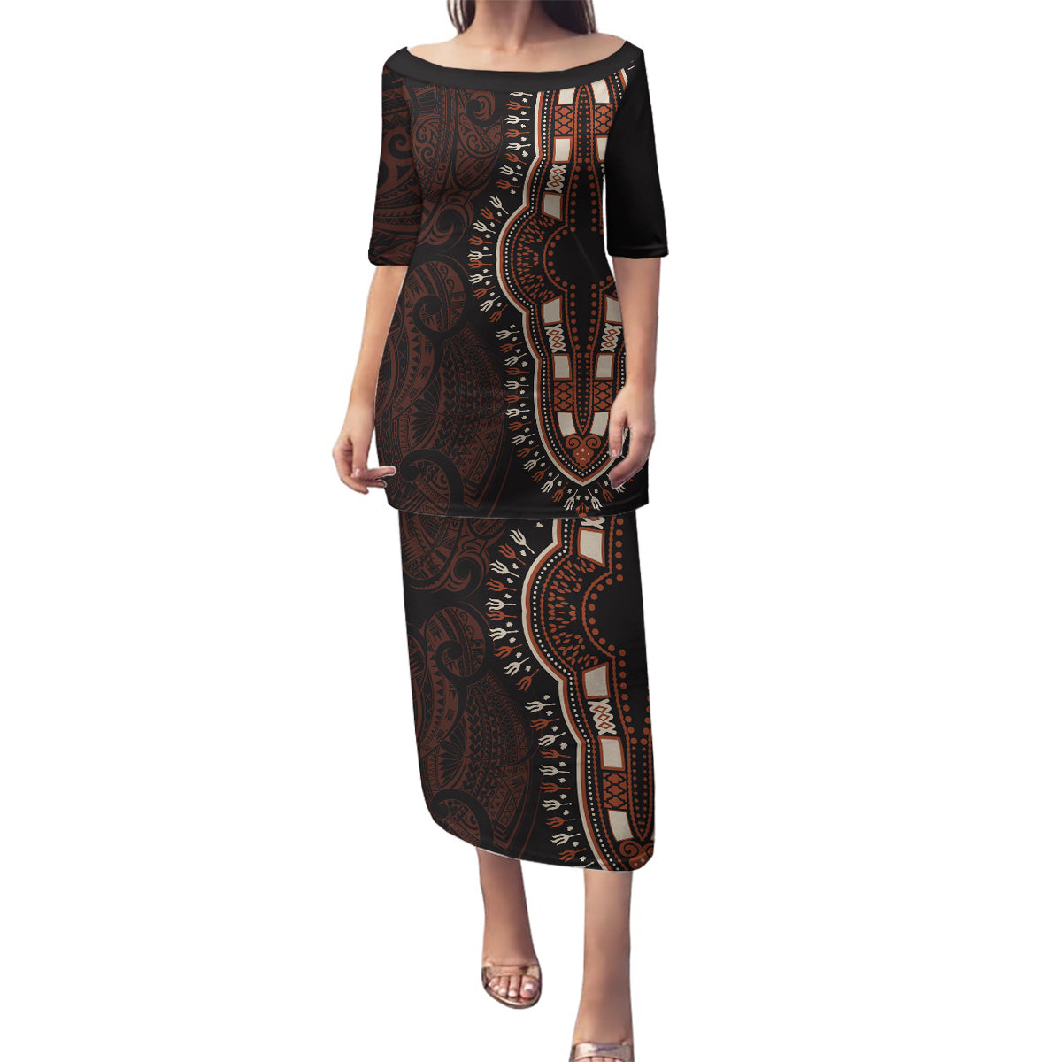 Africa Dashiki Family Matching Puletasi Dress and Hawaiian Shirt African Tribal Art Mixed Polynesian Tattoo Red Color Unique - Wonder Print Shop