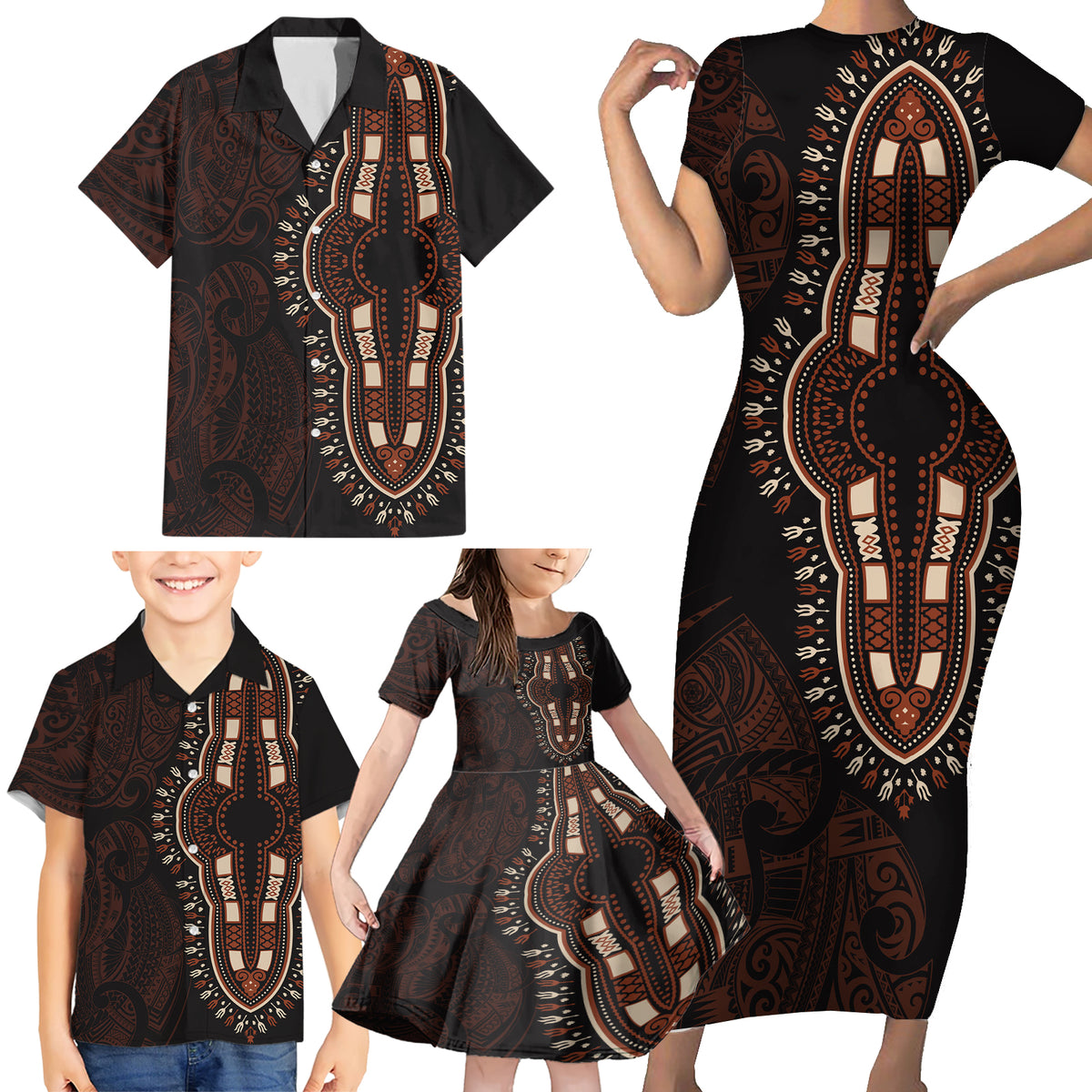 Africa Dashiki Family Matching Short Sleeve Bodycon Dress and Hawaiian Shirt African Tribal Art Mixed Polynesian Tattoo Red Color Unique - Wonder Print Shop