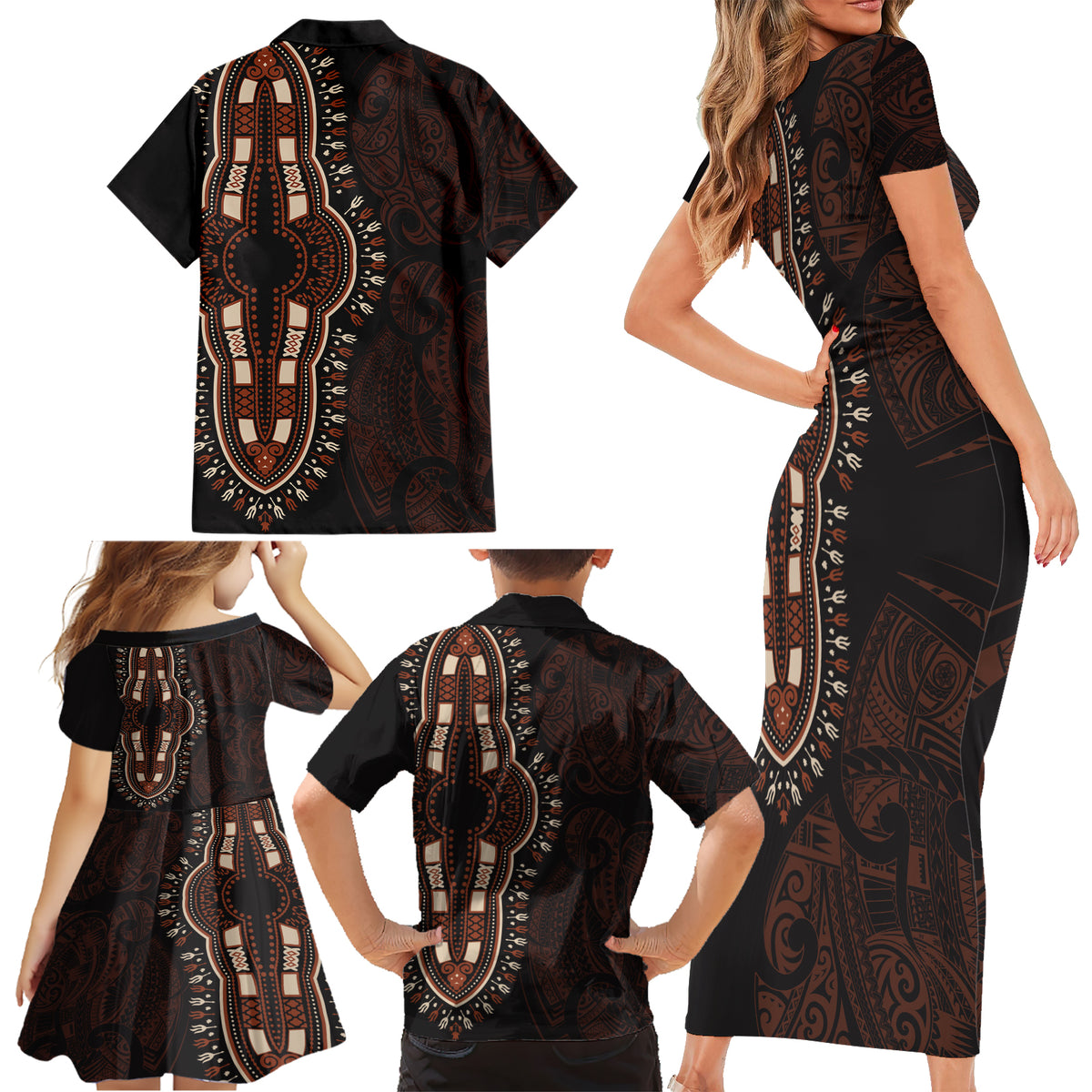 Africa Dashiki Family Matching Short Sleeve Bodycon Dress and Hawaiian Shirt African Tribal Art Mixed Polynesian Tattoo Red Color Unique - Wonder Print Shop