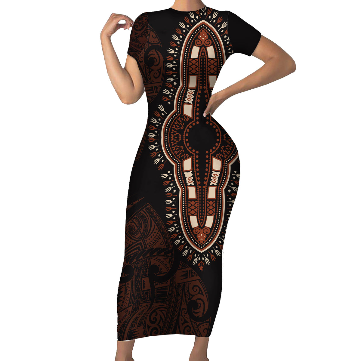Africa Dashiki Family Matching Short Sleeve Bodycon Dress and Hawaiian Shirt African Tribal Art Mixed Polynesian Tattoo Red Color Unique - Wonder Print Shop