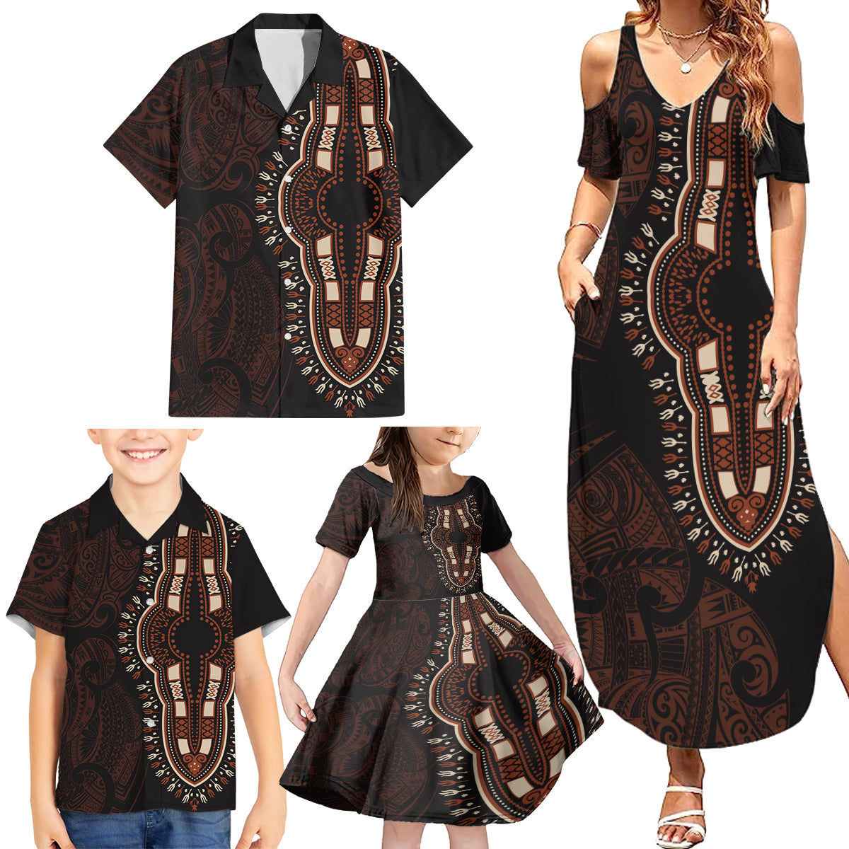 Africa Dashiki Family Matching Summer Maxi Dress and Hawaiian Shirt African Tribal Art Mixed Polynesian Tattoo Red Color Unique - Wonder Print Shop