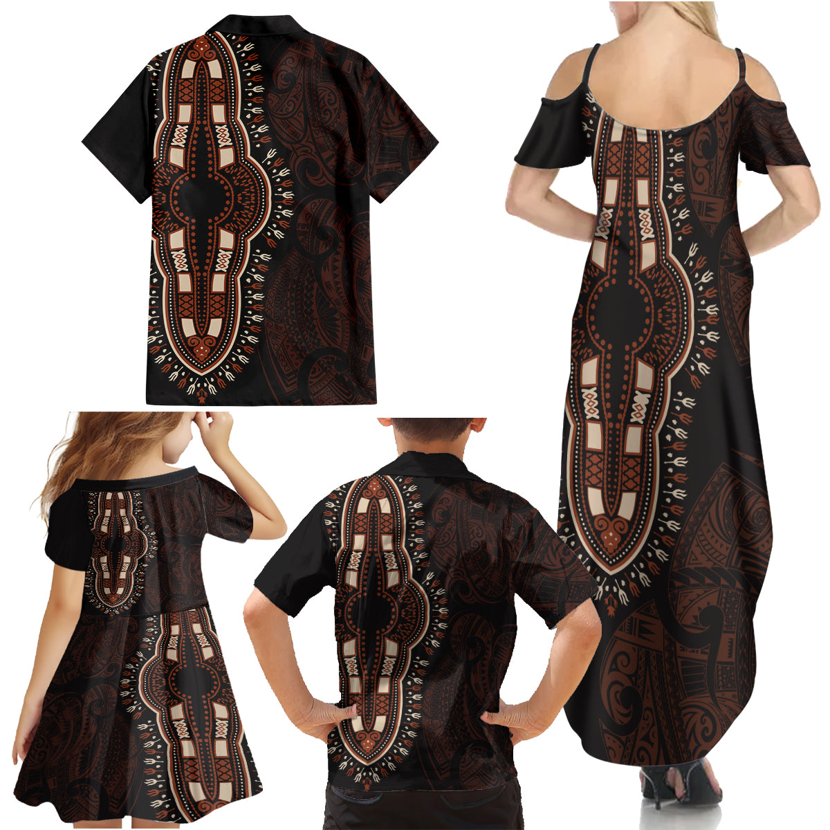 Africa Dashiki Family Matching Summer Maxi Dress and Hawaiian Shirt African Tribal Art Mixed Polynesian Tattoo Red Color Unique - Wonder Print Shop