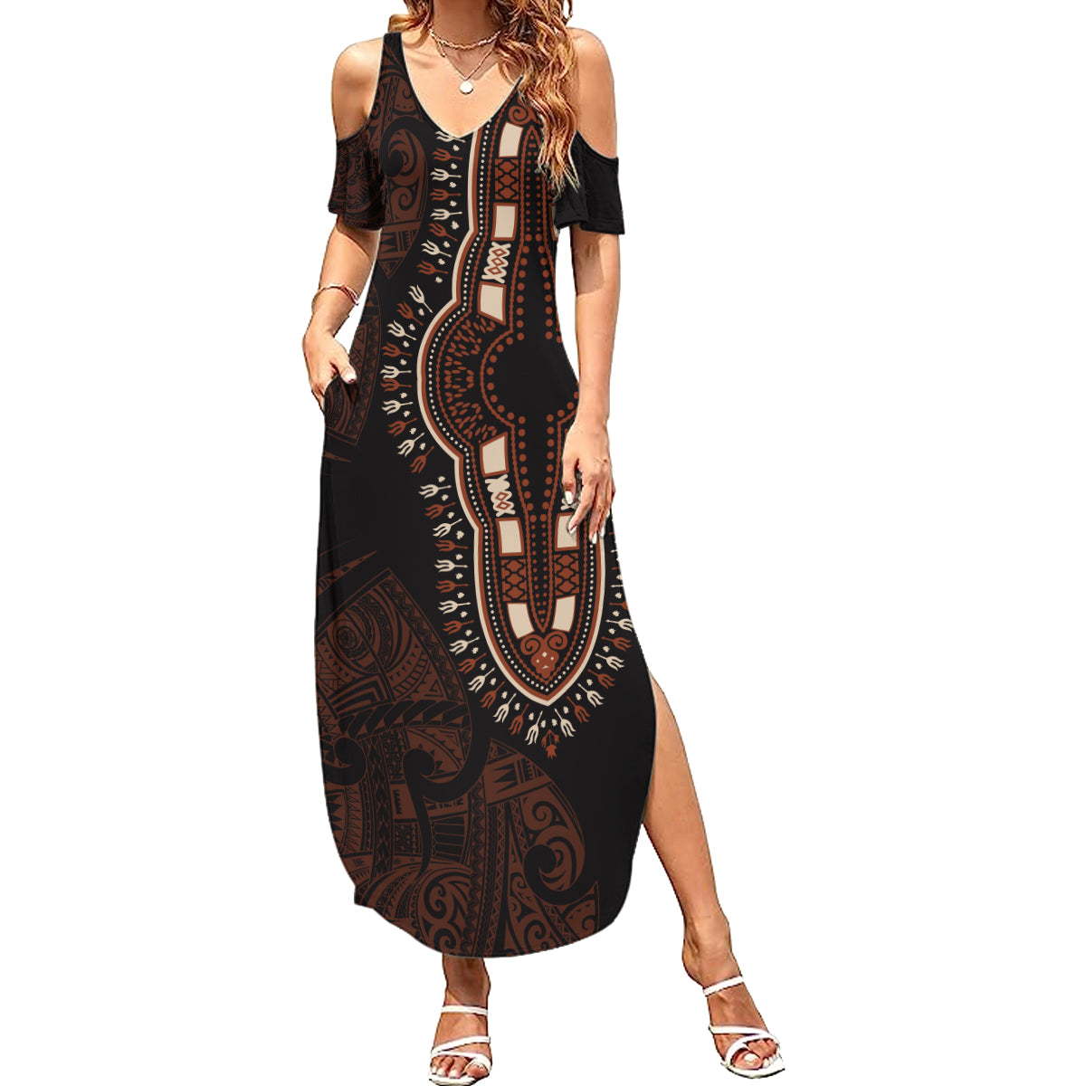 Africa Dashiki Family Matching Summer Maxi Dress and Hawaiian Shirt African Tribal Art Mixed Polynesian Tattoo Red Color Unique - Wonder Print Shop