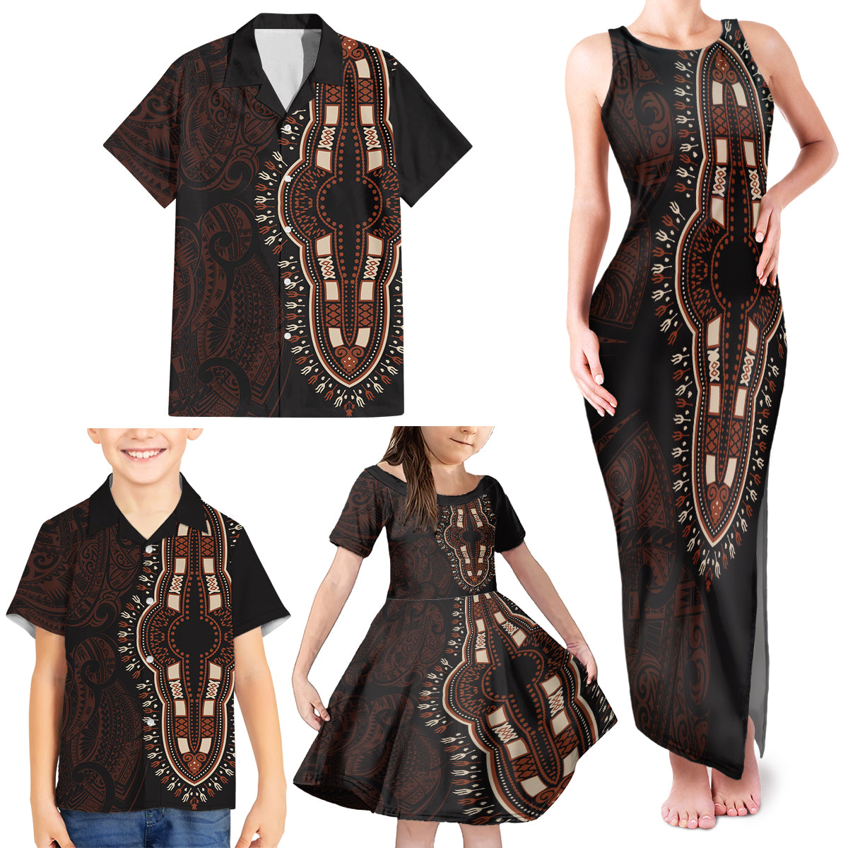 Africa Dashiki Family Matching Tank Maxi Dress and Hawaiian Shirt African Tribal Art Mixed Polynesian Tattoo Red Color Unique - Wonder Print Shop