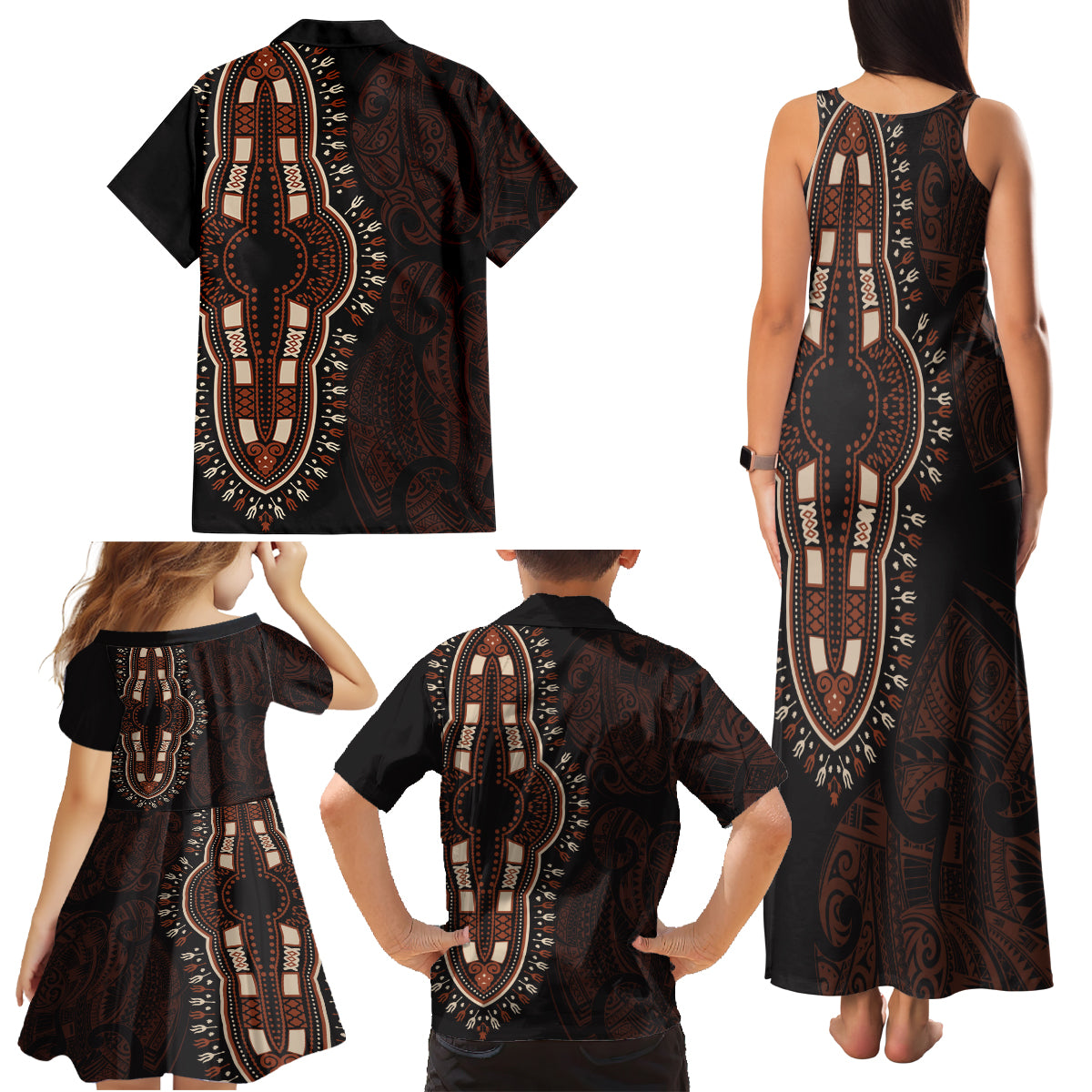 Africa Dashiki Family Matching Tank Maxi Dress and Hawaiian Shirt African Tribal Art Mixed Polynesian Tattoo Red Color Unique - Wonder Print Shop