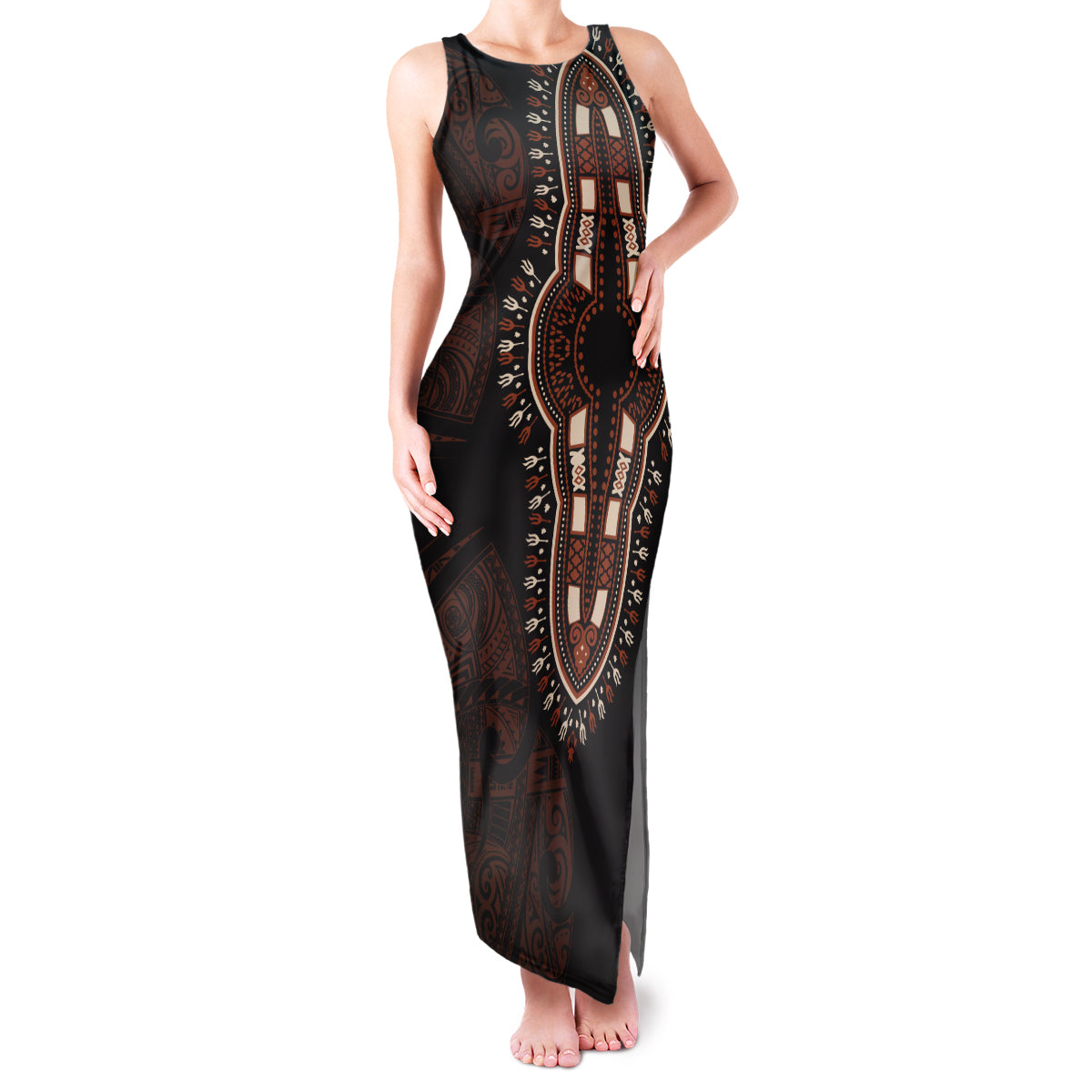 Africa Dashiki Family Matching Tank Maxi Dress and Hawaiian Shirt African Tribal Art Mixed Polynesian Tattoo Red Color Unique - Wonder Print Shop